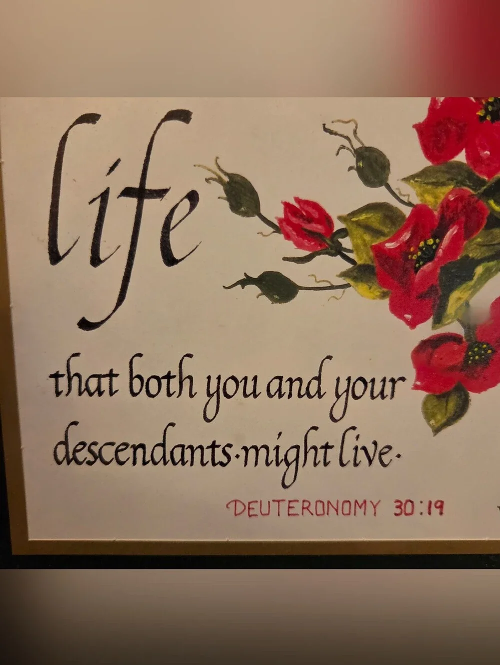 Vintage 1994 Christian Wall Art Deuteronomy 30:19 Hand Painted Signed Floral Art
